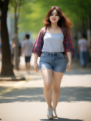 Chinese obese female college students, half portrait, sweet, positive sunny front photo, depth of field, fat body, big chest, red deep V-neck shirt, blue jeans, thick thighs, delicate features, wavy hair, proud curves, standing on the park road, mature, real realistic full-body photos