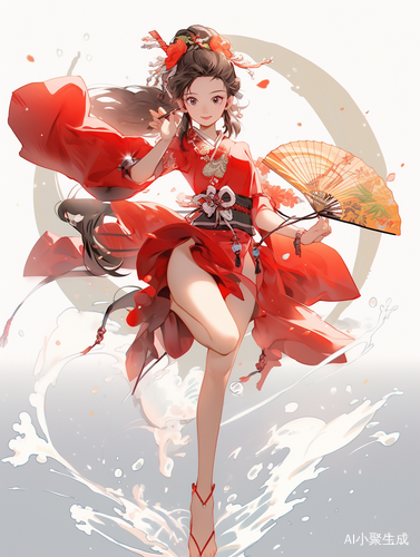 中国风女生，红色福字和旗袍，开心手拿折扇