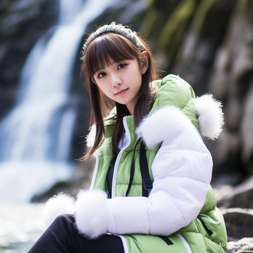 中国美女20岁 瀑布旁可爱羽绒服全身照