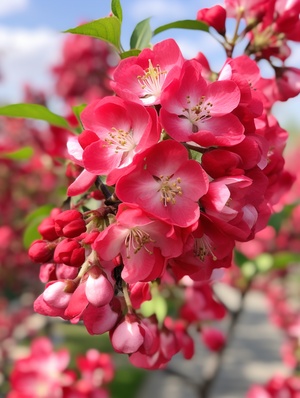 鲜嫩的唯美海棠花绽放在清晨的池畔，细致的花瓣呈现着红色、白色和粉色的绚烂色彩，它们在微风中轻轻摇曳，宛如舞动的花海。花蕊散发出迷人的芳香，吸引着蜜蜂和蝴蝶的到来。花朵细致的纹理和水晶般清澈的花瓣，令人陶醉，仿佛一幅唯美的画卷，给人一种美好而浪漫的感觉。