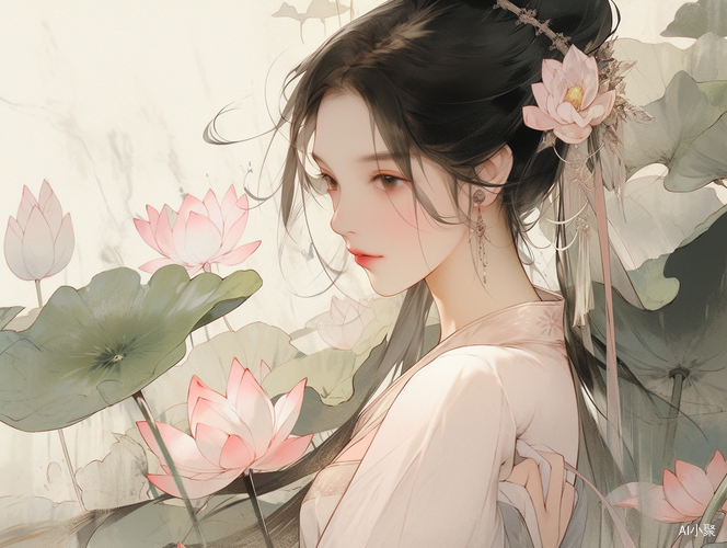 精致中国风美女微笑荷花大师作品