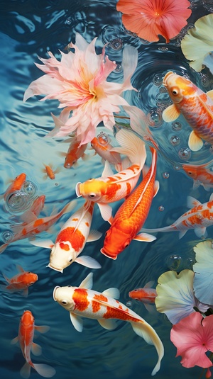 A group of goldfish swimming in the pool, 9 goldfish, lotus flowers and leaves, ripples on the water surface, 3D rendering, abstract art, highly detailed, A.b. Jackson