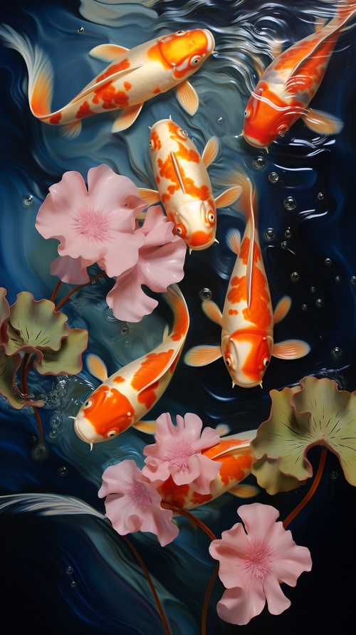 A group of goldfish swimming in the pool, 9 goldfish, lotus flowers and leaves, ripples on the water surface, 3D rendering, abstract art, highly detailed, A.b. Jackson