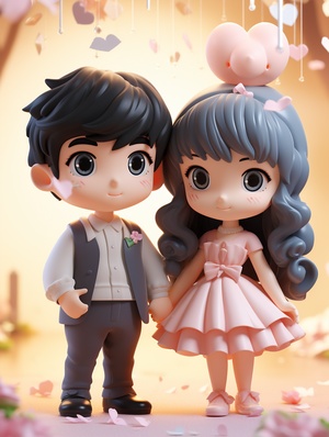 Super cute couple IP provided by POP MART , Black hair , Bangs , Scenes in spring , pastel color , mockup , fine luster , clean background , 3D render , Soft focus , oc , blender , IP , best quality , 8k