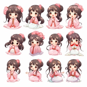 小女孩，粉色汉服，古典精致，全身图，chibi，9种姿势和表情，emoticons[头晕、高兴、生气、跳舞、悲伤、可爱、期待、大笑、失望和害羞、困倦、吃饭、表达爱意、跌倒，等]，线条艺术，贴纸艺术，白色背景