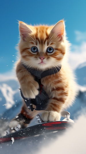 Create an image of a cute kitten and cat snowboarding; with many details, vibrant colors; ultra HD; Walt Disney tale style –ar 16:9 –v 5 –q 0.5