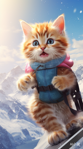 HD Cute Kitten and Cat Snowboarding Image with Vibrant Colors