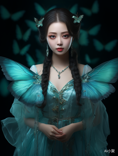 Chinese Girl Holding Turquoise Butterfly with Beautiful Wings