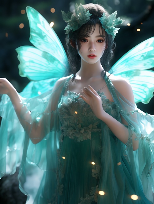 A chinese girl wearing a turquoise gauze skirt is holding a turquoise butterfly in her hand Butterfly wings have a glossy and gorgeous feel The girl's dress blends with butterfly wings Extremely beautiful butterfly wings close-up super fine ultra-realistic sense of reality 8k