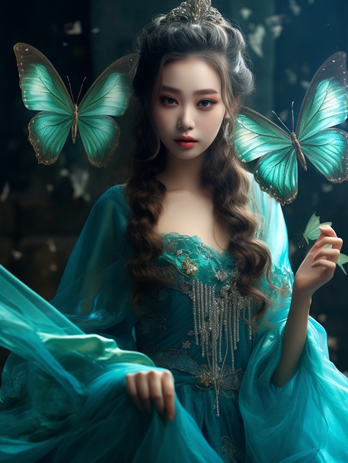 A chinese girl wearing a turquoise gauze skirt is holding a turquoise butterfly in her hand Butterfly wings have a glossy and gorgeous feel The girl's dress blends with butterfly wings Extremely beautiful butterfly wings close-up super fine ultra-realistic sense of reality 8k