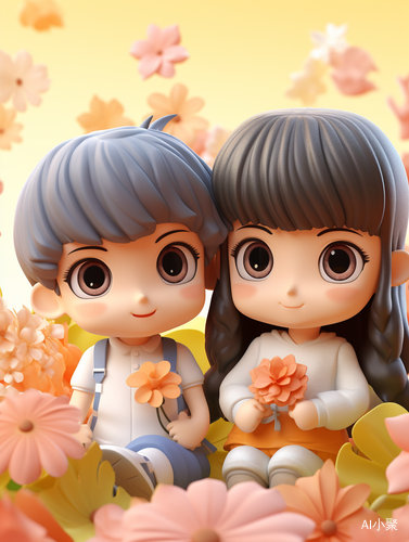 Super Cute Couple IP with Black Hair and Bangs in Spring Scenes