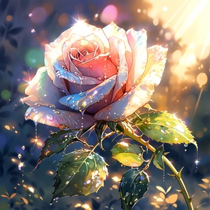 A colorful rose with dew on its petals in the morning light.