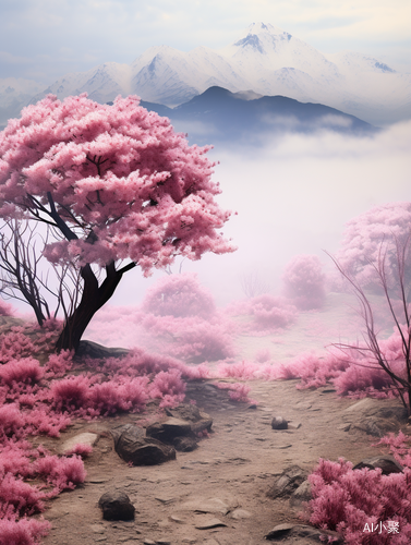 Blossoming Pink Trees Adorn the Foggy Valley