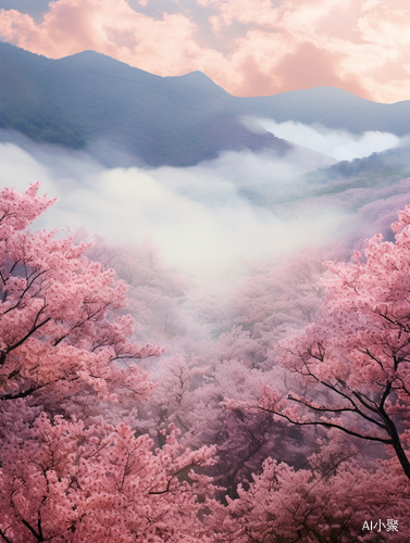 Blossoming Pink Trees Adorn the Foggy Valley