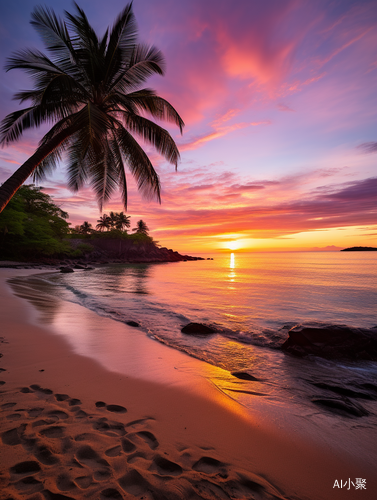 Serene Sunset: Golden Beach, Gentle Waves, Swaying Palm