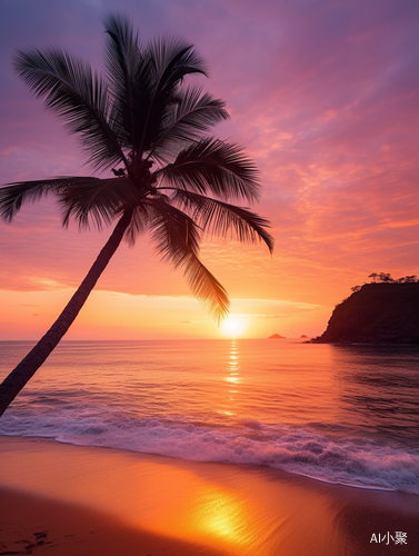 Serene Sunset: Golden Beach, Gentle Waves, Swaying Palm