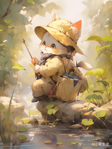 黄色小花猫在花园河边钓鱼的可爱姿势