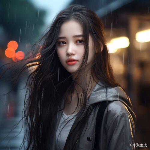 女孩的超精致美丽在赛博朋克科技城街道上微笑流泪