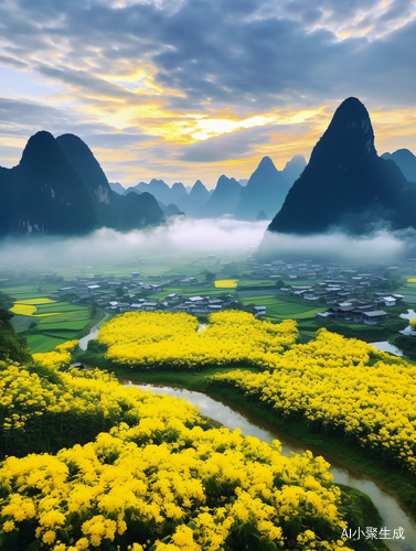 Beautiful Guilin landscape with realistic flower fields