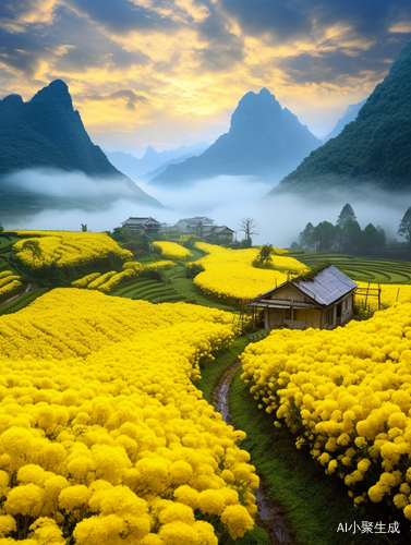 Beautiful Guilin landscape with realistic flower fields