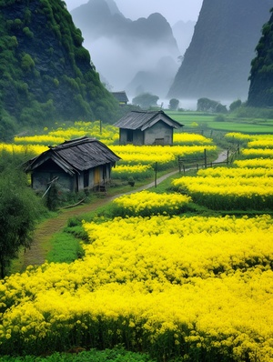 Beautiful Guilin landscape with realistic flower fields