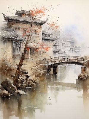 watercolour style, Hui architecture,water town, small bridge and flowing water,by Wu Guanzhong ar 3:4 stylize