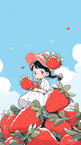 Strawberry Girl: Happy, Smiling, Ghibli Style, Anime Illustrations