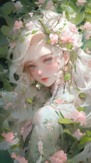 some anime portrait like flower petals, in the style of mysterious and dreamlike scenes, white and green, rococo inspired art, sharp focus, nightcore, nouveau réalisme, glassy translucence 现代,梦幻,超现实,1990s,时尚插画,时尚肖像,广告人像,彩漆,厚涂,壁画