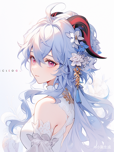 蓝发高马尾少女的绝色白裙
