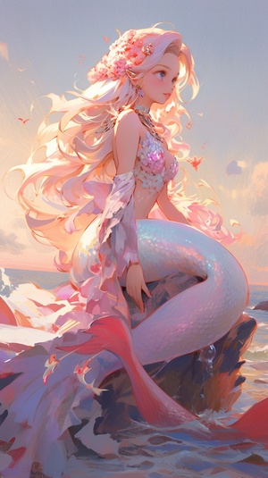 mermaids and sand: a collection of korudo kimura's digital painting, in the style of delicate compositions, light purple and light gold, 32k uhd, charming anime characters, contemporary chinese art, marine painter, ocean academia