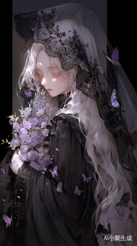 暗黑与梦幻：动漫少女与黑色、紫色、蝴蝶、花卉头纱插画