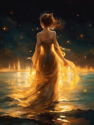 Hand-painted, illustrated, a girl, delicate features, wearing a gold evening gown, walking barefoot on the sea, dynamic movements, starlight, night sky, realistic picture quality, HD 8k翻译：手绘，插画，一个女孩，精致的五官，穿着金色的晚礼服，光脚走在海面上，动态动作，星光闪耀，夜空，逼真的画质，高清8k#ai #Ai绘画 #ai关键词 #midjourney关键词 #AI绘画有点东西 #绘画 #浪漫 #女孩 #海 #创意 #艺术 #素材 #设计师