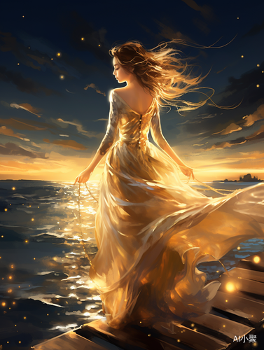 Hand-painted Illustration: Delicate Girl in Gold Evening Gown Walking on Sea