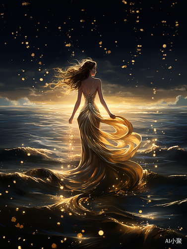 Hand-painted Illustration: Delicate Girl in Gold Evening Gown Walking on Sea