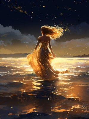 Hand-painted, illustrated, a girl, delicate features, wearing a gold evening gown, walking barefoot on the sea, dynamic movements, starlight, night sky, realistic picture quality, HD 8k翻译：手绘，插画，一个女孩，精致的五官，穿着金色的晚礼服，光脚走在海面上，动态动作，星光闪耀，夜空，逼真的画质，高清8k#ai #Ai绘画 #ai关键词 #midjourney关键词 #AI绘画有点东西 #绘画 #浪漫 #女孩 #海 #创意 #艺术 #素材 #设计师