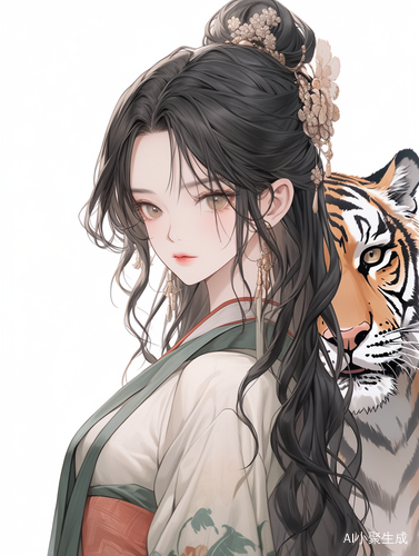 纯白背景中的精致汉服女性