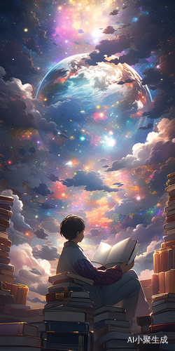 少年坐在云宇宙中阅读书籍