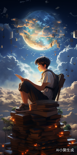 少年坐在云宇宙中阅读书籍