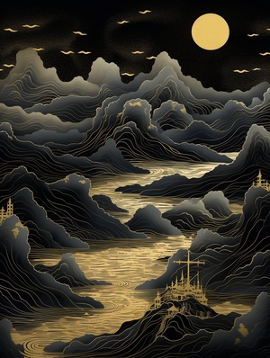 鎏金山河 咒语：a gold landscape in the night sky, in the style of influenced by ancient chinese art, dark white and dark gray, mountainous vistas, ruan jia, realistic rendering, historical illustrations, flowing lines ar 3:4 s 300 niji 6@艺术薯 #国潮 #ai绘画 #Midjourney #山河 #中式 #mj咒语