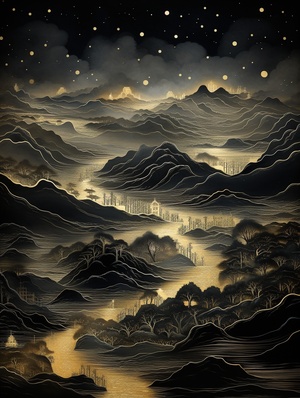 鎏金山河 咒语：a gold landscape in the night sky, in the style of influenced by ancient chinese art, dark white and dark gray, mountainous vistas, ruan jia, realistic rendering, historical illustrations, flowing lines ar 3:4 s 300 niji 6@艺术薯 #国潮 #ai绘画 #Midjourney #山河 #中式 #mj咒语