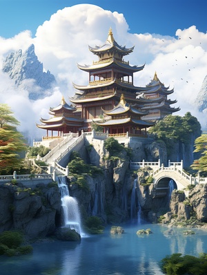 中国艺术奢华宫殿 天宫关键词：Traditional Chinese classical architecture, mountains, flowing water, gold, white and blue color matching, multi-dimensional art style, jade material, c4d, oc rendering, realistic details, HD 8k翻译：中国传统古典建筑，群山，流水，金色白色蓝色配色，多维立体艺术风格，玉石材质，c4d，oc渲染，逼真细节，高清8k#ai #Ai绘画 #中国建筑#天宫 #艺术 #建筑 #中国传统 #文化 #创意 #古典 #设计师 #mj