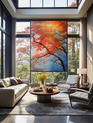 contemporary living room in modern villa, in the style of realistic landscape paintings, gutai group, american modernism, contemporary glass, tightly composed scenes, detailed foliage, oku art