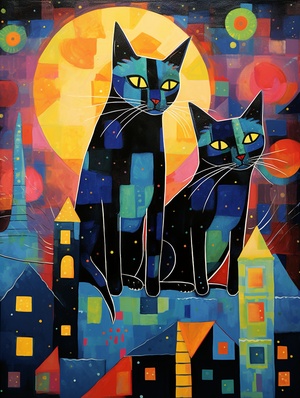 Two sweet cute Kitties sitting together on the top of a house under a full moon,in the style of Felicia Simion,Yayoi Kusama,and jack Hughes,featuring bright colors,bold shapes,whimsical,playful patterns,vibrant abstract,Memphis design pop surrealismstylize raw