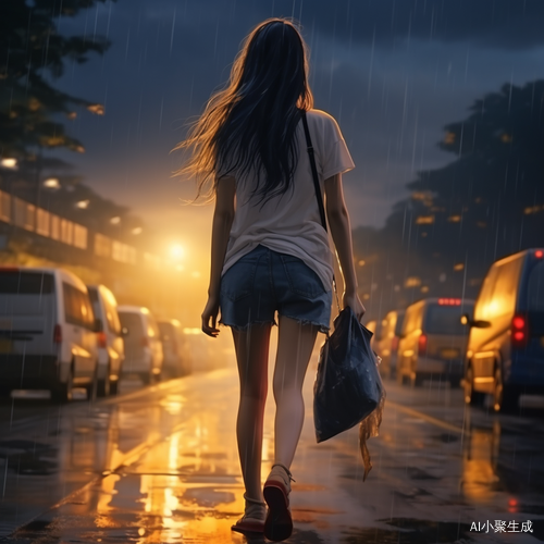 雨后孤独女孩的背影画作