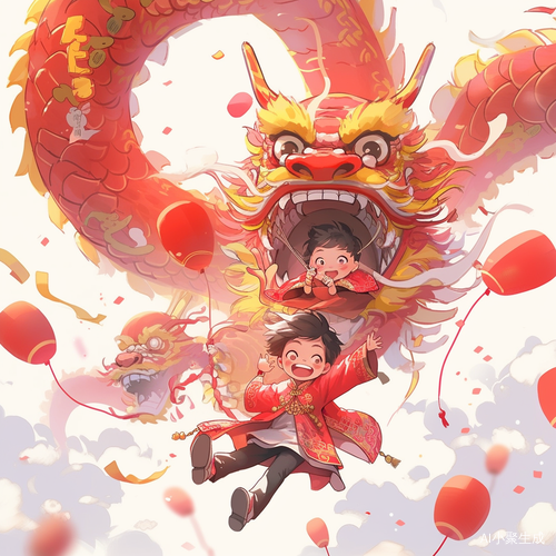 可爱的龙与人类孩子起飞在热闹的春节元素中