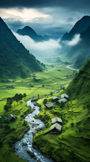 远景群山延绵，云雾缭绕，近景茅草屋几间，小河流水，俯拍特写