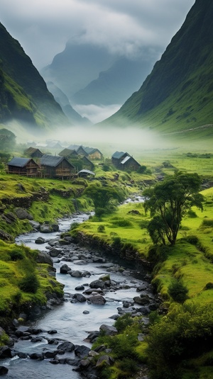 远景群山延绵，云雾缭绕，近景茅草屋几间，小河流水，俯拍特写