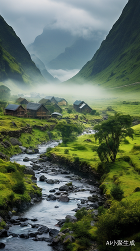 群山延绵，茅草屋小河，云雾缭绕