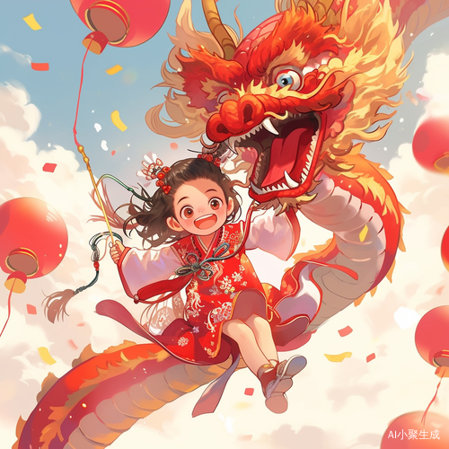 可爱的龙与女孩共舞庆新年