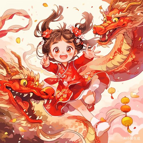 可爱的龙与女孩共舞庆新年